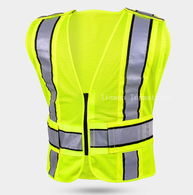 Front view of fluorescent yellow mesh reflective safety vest showing zipper closure and shoulder tape layout Front view of fluorescent yellow mesh reflective safety vest showing zipper closure and shoulder tape layout