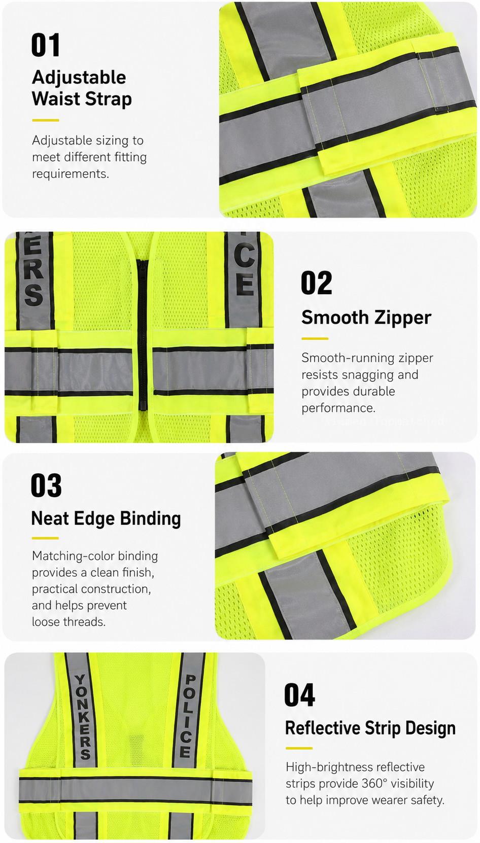 Close up of 100% polyester breathable mesh weave and 5cm wide EN20471 retroreflective tape stitching Close up of 100% polyester breathable mesh weave and 5cm wide EN20471 retroreflective tape stitching