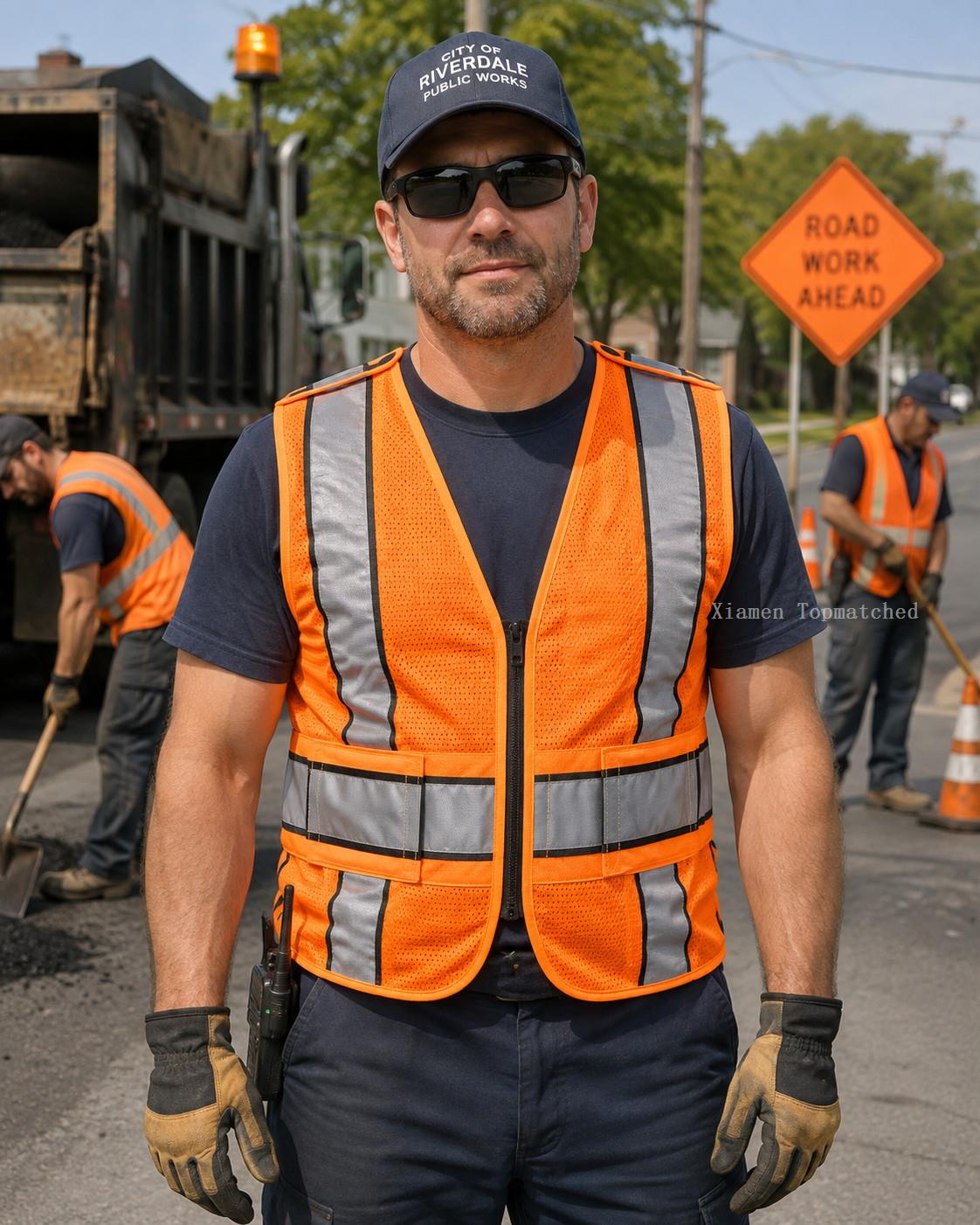Municipal road safety crew wearing fluorescent orange ANSI Class 2 mesh reflective safety vest Municipal road safety crew wearing fluorescent orange ANSI Class 2 mesh reflective safety vest