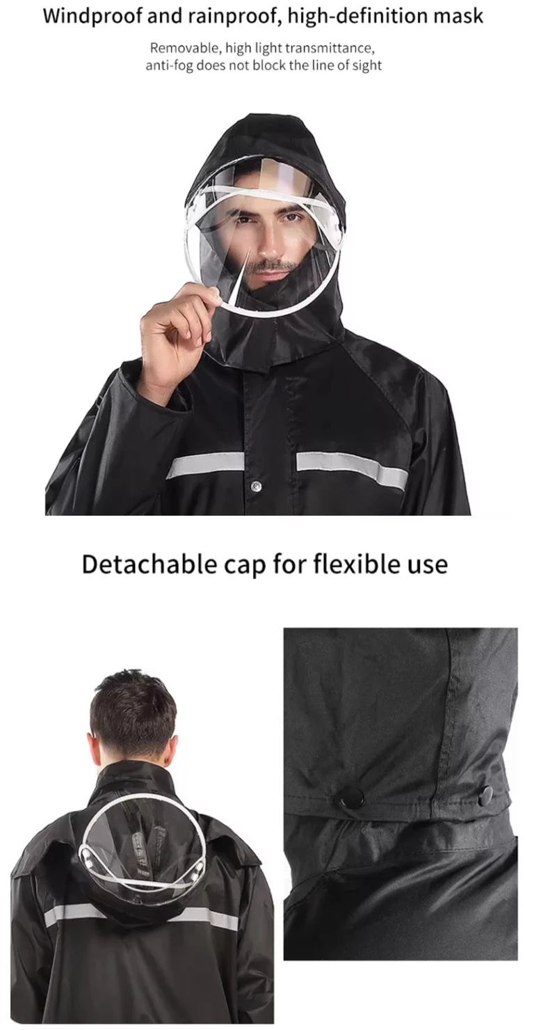 Polyester coated PVC reflective raincoat with waterproof buttons and hood structure Polyester coated PVC reflective raincoat with waterproof buttons and hood structure